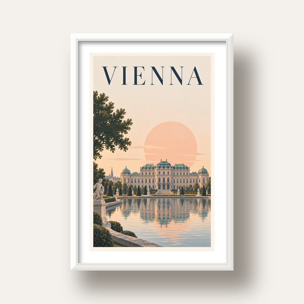 Viyana Saray Manzarası Pastel Poster – Dijital İllüstrasyon — beyaz derin çerçeveli paspartulu