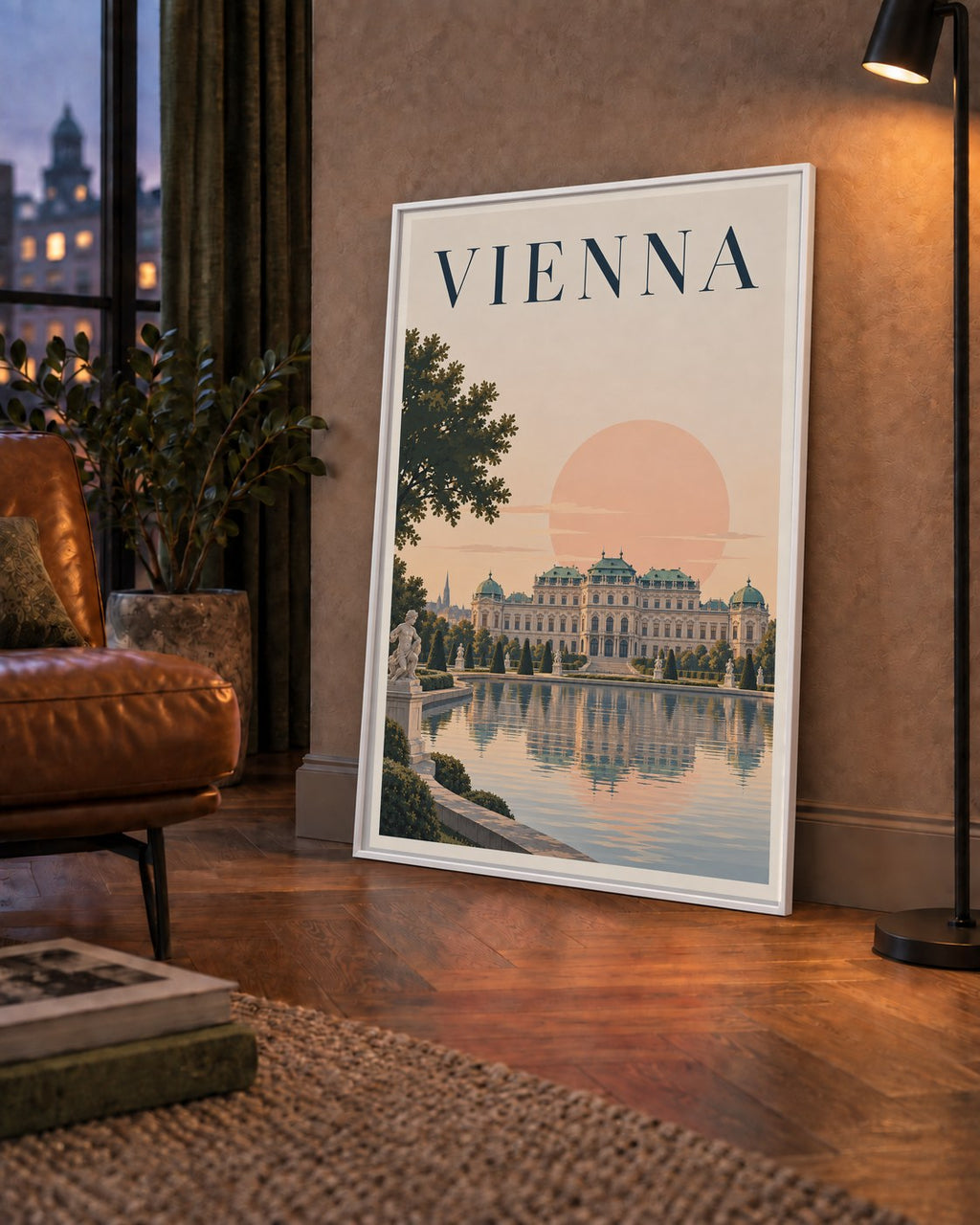 Viyana Saray Manzarası Pastel Poster – Dijital İllüstrasyon — çerçeveli hâliyle bir ev duvarında