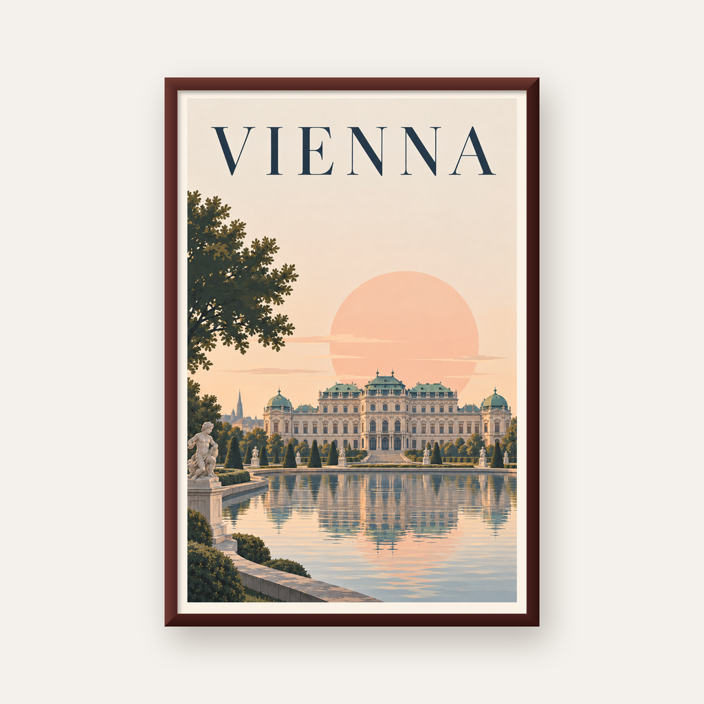 Viyana Saray Manzarası Pastel Poster – Dijital İllüstrasyon — ceviz çerçeveli