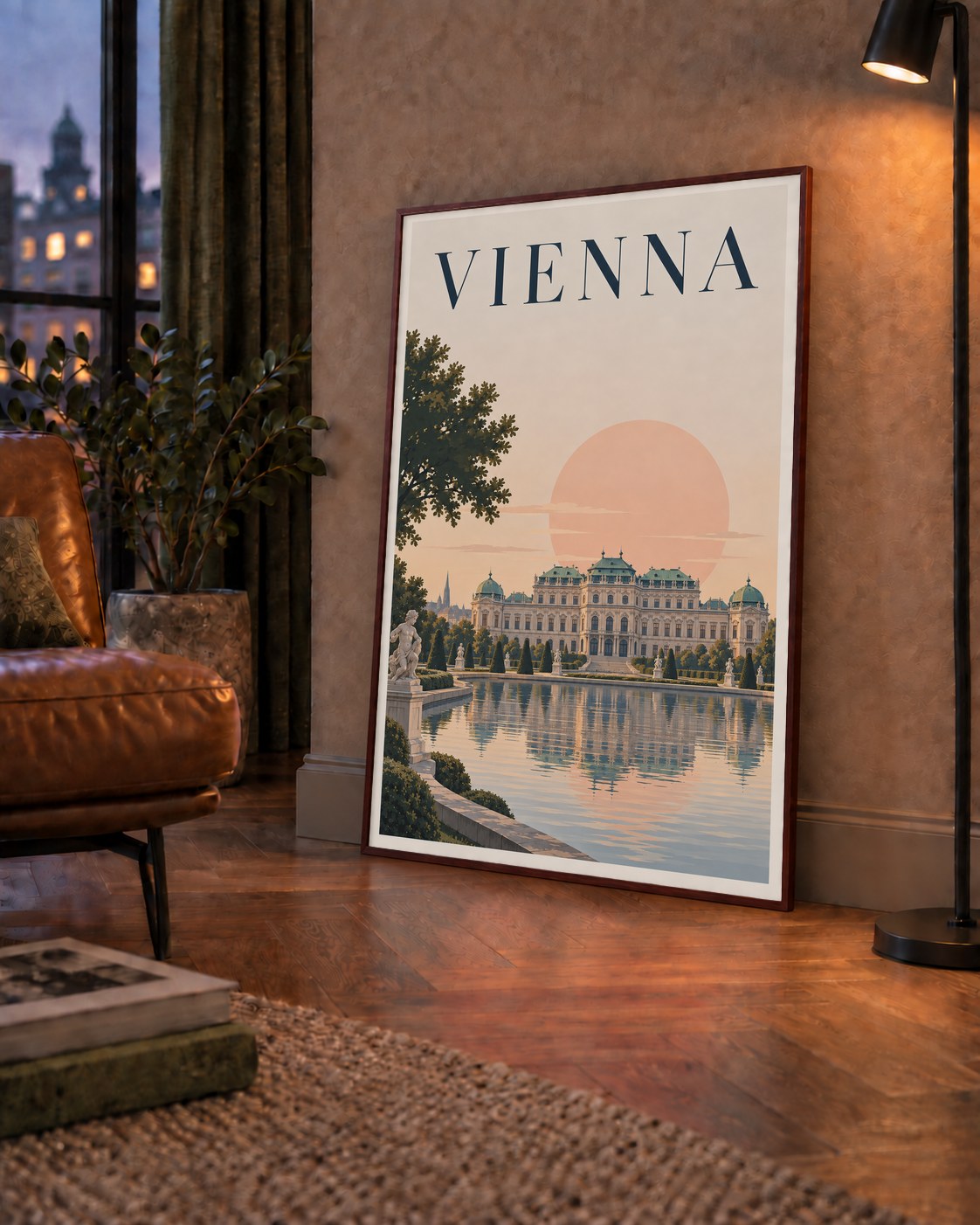 Viyana Saray Manzarası Pastel Poster – Dijital İllüstrasyon — çerçeveli hâliyle bir ev duvarında