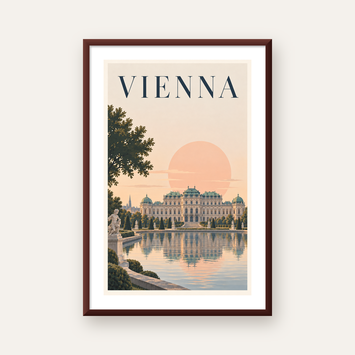 Viyana Saray Manzarası Pastel Poster – Dijital İllüstrasyon — ceviz çerçeveli paspartulu