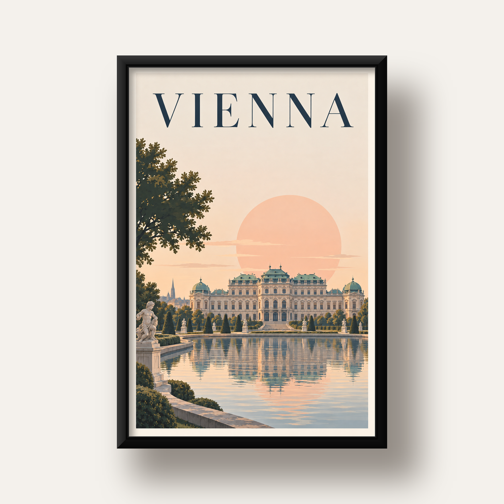 Viyana Saray Manzarası Pastel Poster – Dijital İllüstrasyon — siyah derin çerçeveli