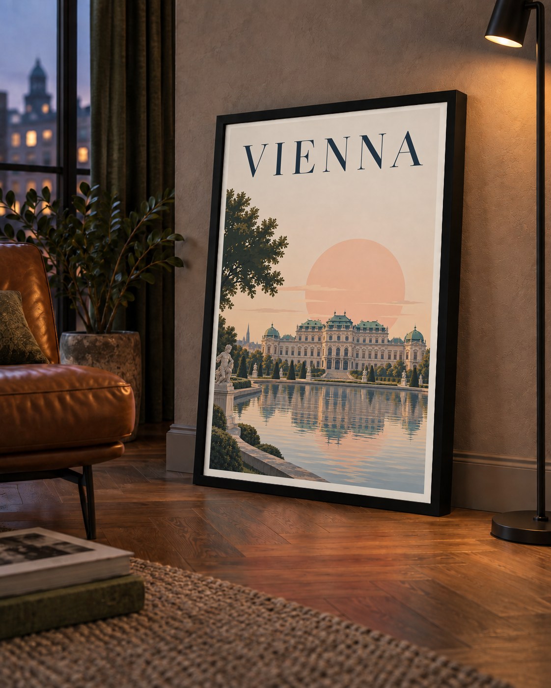 Viyana Saray Manzarası Pastel Poster – Dijital İllüstrasyon — çerçeveli hâliyle bir ev duvarında