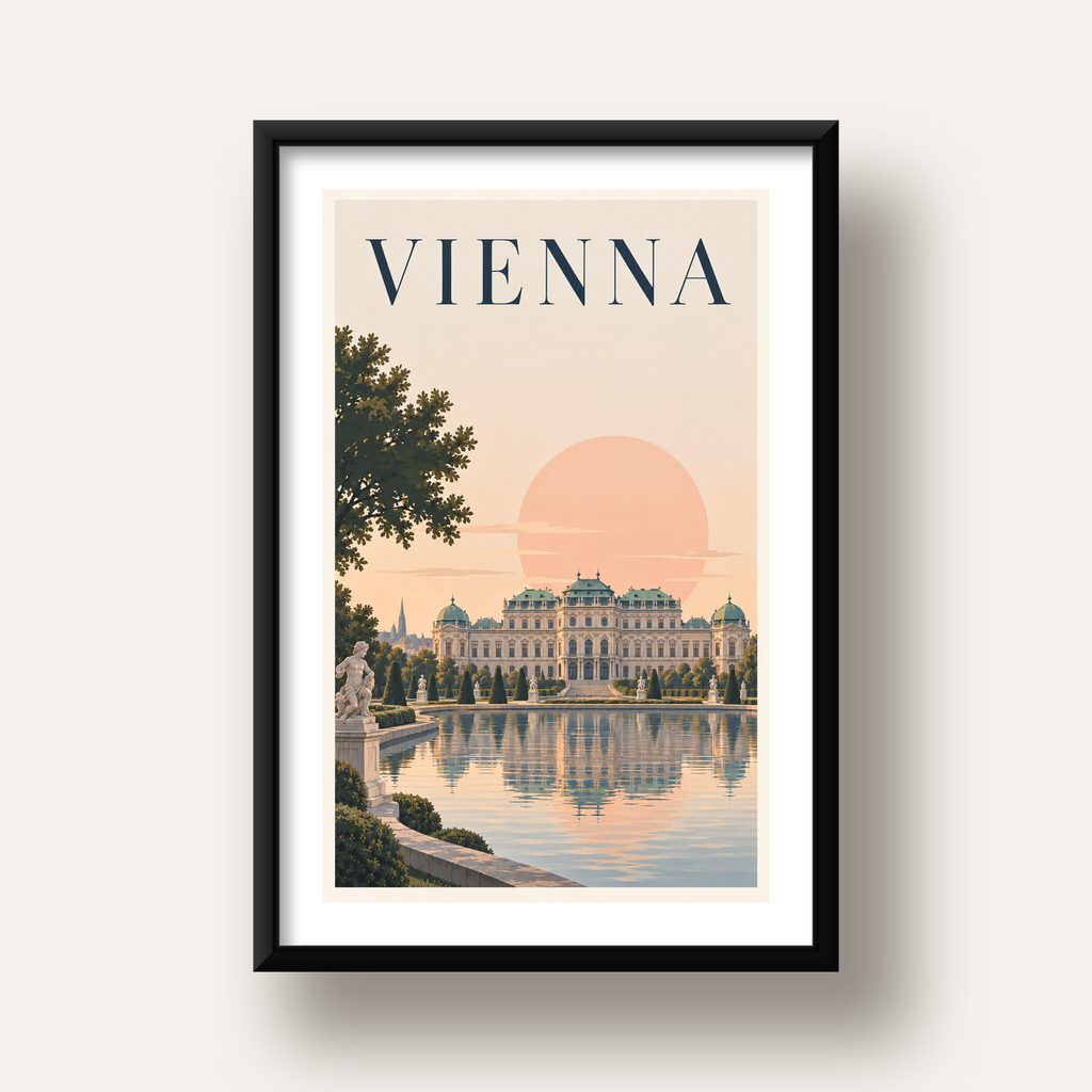 Viyana Saray Manzarası Pastel Poster – Dijital İllüstrasyon — siyah derin çerçeveli paspartulu