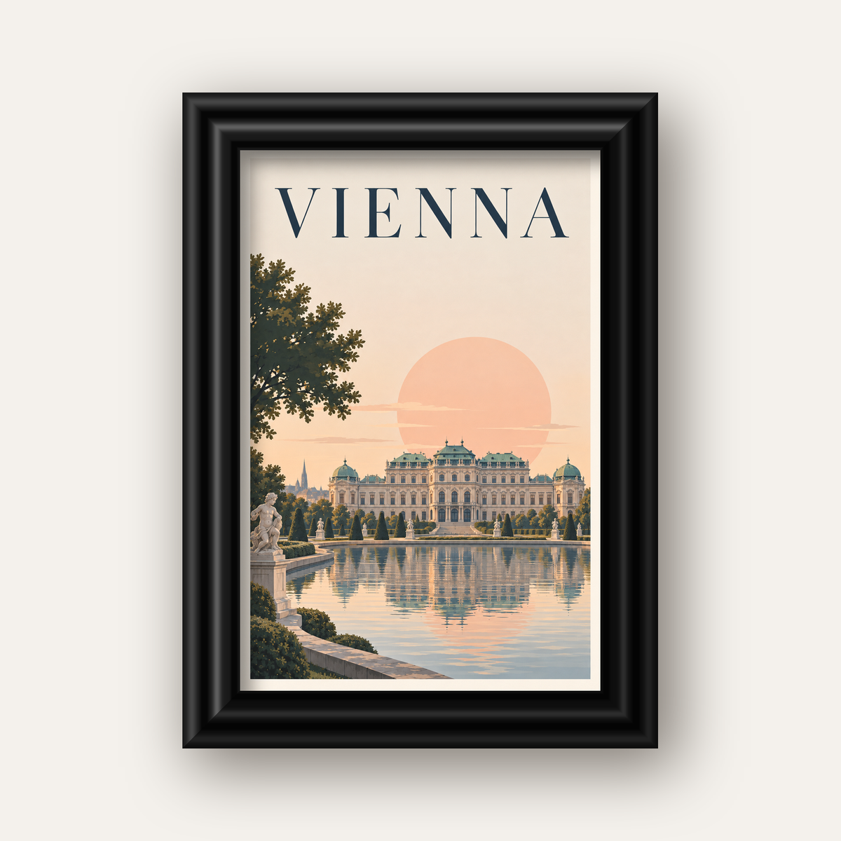 Viyana Saray Manzarası Pastel Poster – Dijital İllüstrasyon — siyah galeri çerçeveli