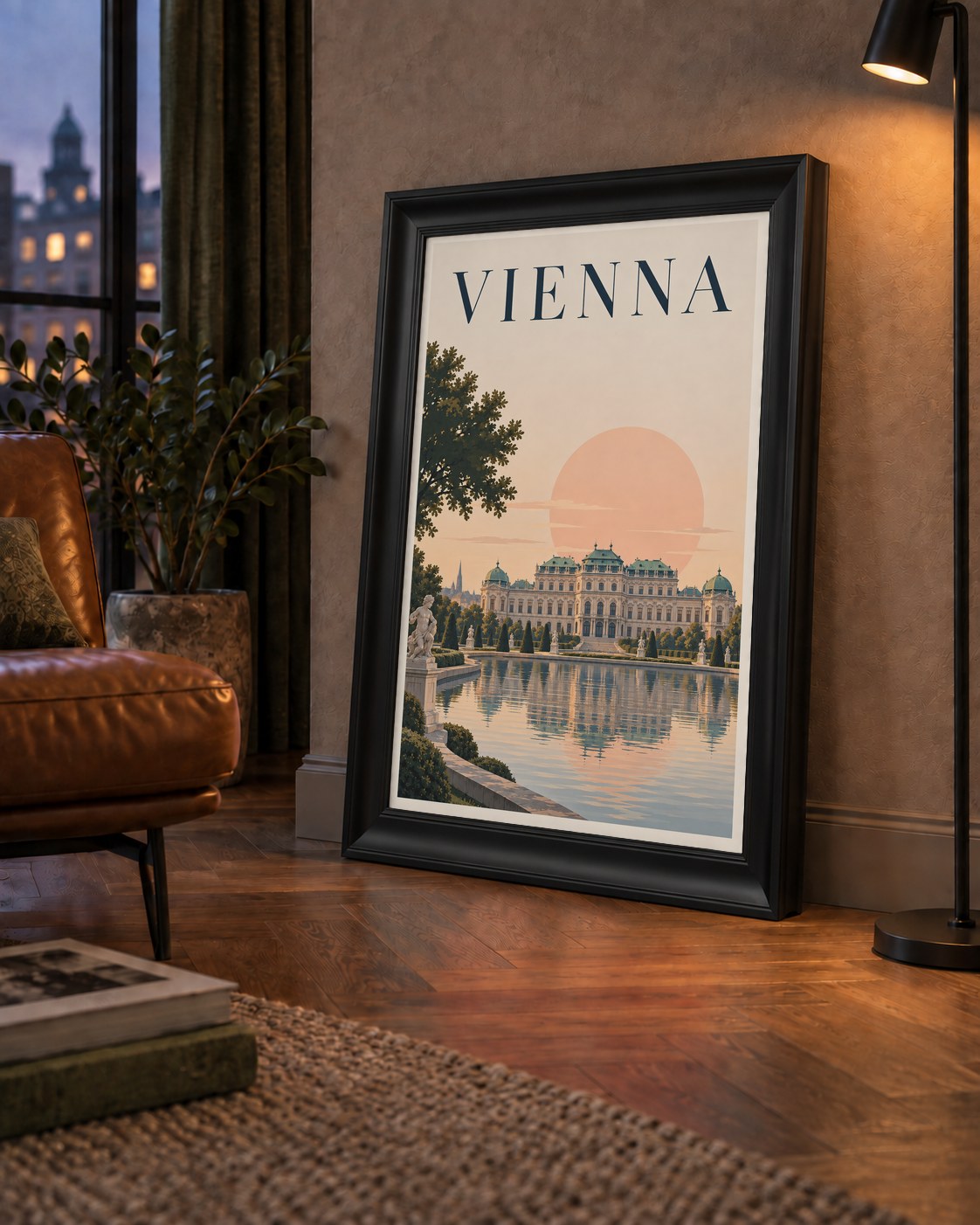 Viyana Saray Manzarası Pastel Poster – Dijital İllüstrasyon — çerçeveli hâliyle bir ev duvarında