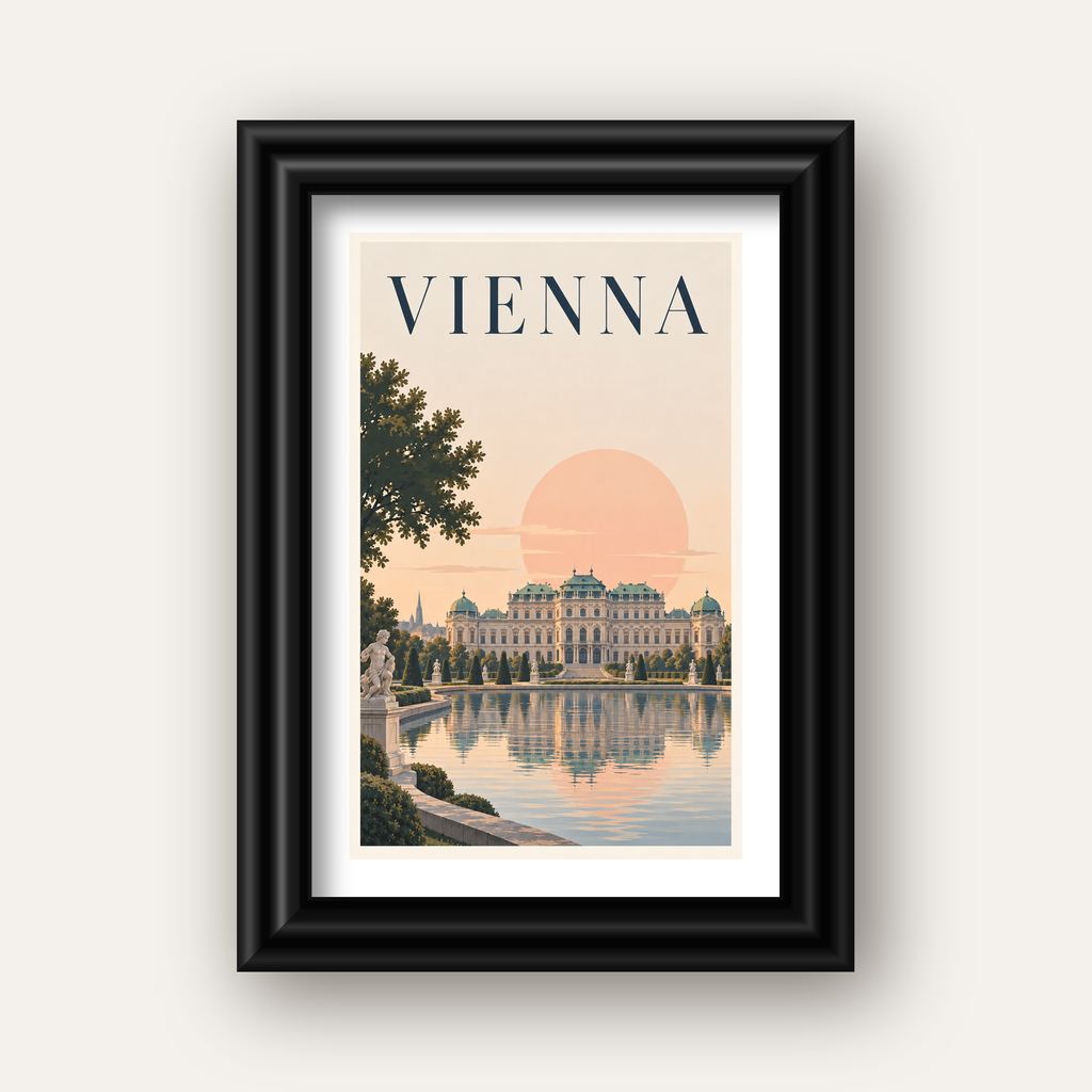 Viyana Saray Manzarası Pastel Poster – Dijital İllüstrasyon — siyah galeri çerçeveli paspartulu