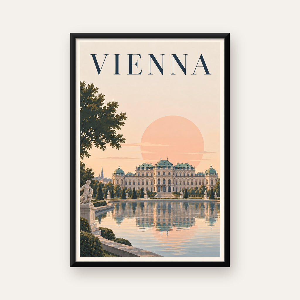 Viyana Saray Manzarası Pastel Poster – Dijital İllüstrasyon — Dikey baskı, düz siyah çerçeveli duvar posteri