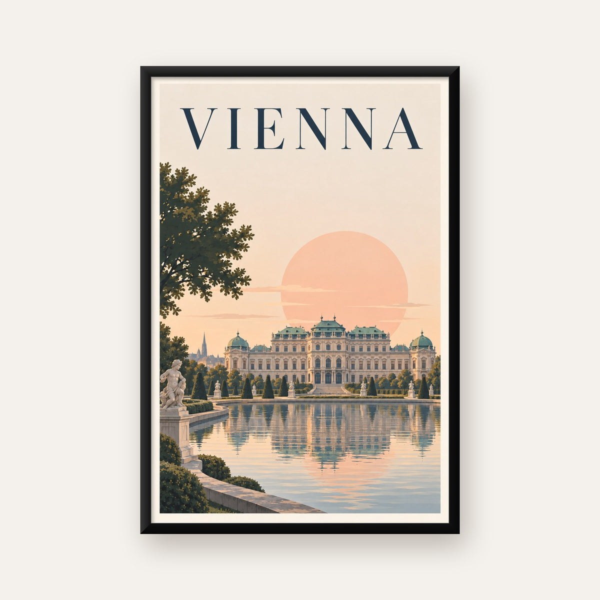 Viyana Saray Manzarası Pastel Poster – Dijital İllüstrasyon — Dikey baskı, düz siyah çerçeveli duvar posteri