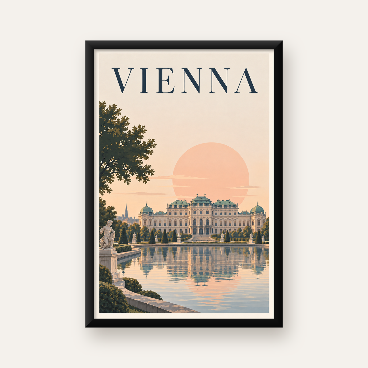 Viyana Saray Manzarası Pastel Poster – Dijital İllüstrasyon — Dikey baskı, düz siyah çerçeveli duvar posteri