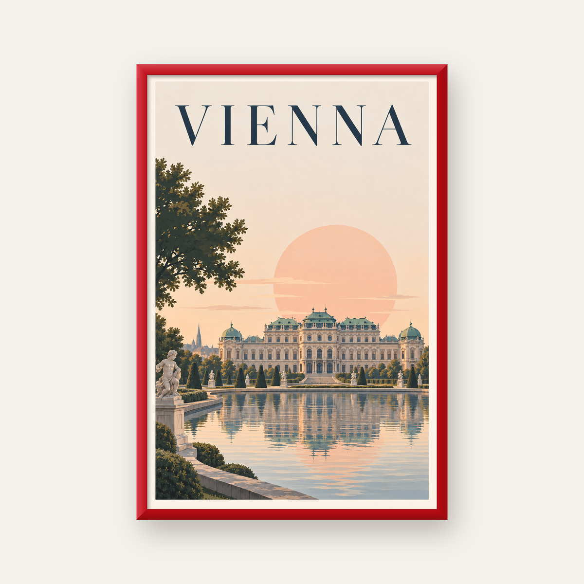 Viyana Saray Manzarası Pastel Poster – Dijital İllüstrasyon — kırmızı çerçeveli