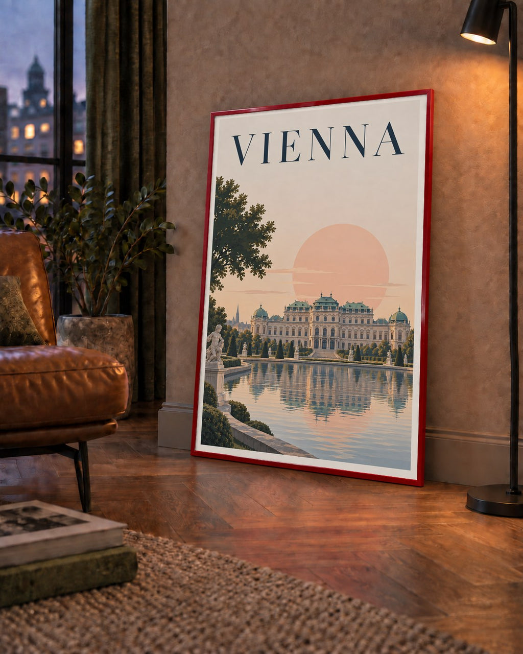 Viyana Saray Manzarası Pastel Poster – Dijital İllüstrasyon — çerçeveli hâliyle bir ev duvarında