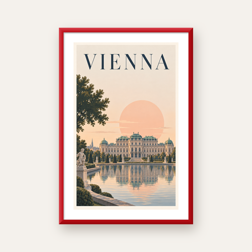Viyana Saray Manzarası Pastel Poster – Dijital İllüstrasyon — kırmızı çerçeveli paspartulu