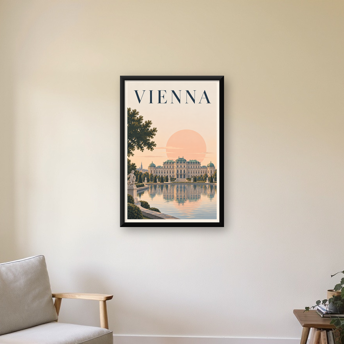 Viyana Saray Manzarası Pastel Poster – Dijital İllüstrasyon — Dikey baskı, çerçeveli hâliyle bir ev duvarında
