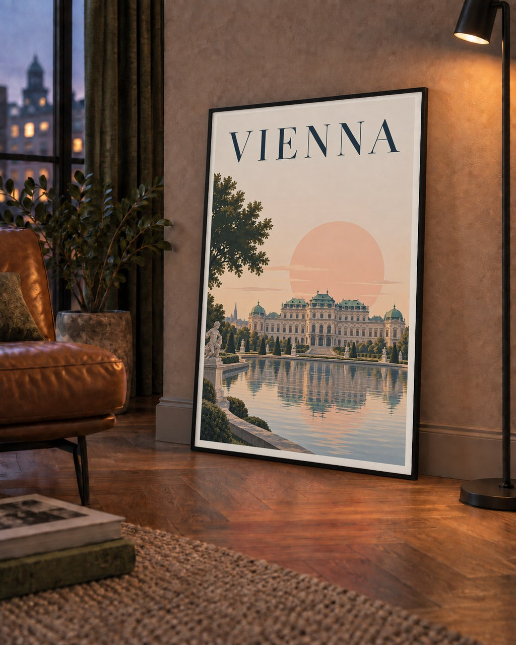 Viyana Saray Manzarası Pastel Poster – Dijital İllüstrasyon — çerçeveli hâliyle bir ev duvarında
