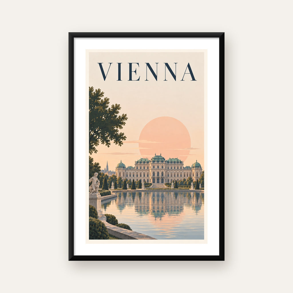 Viyana Saray Manzarası Pastel Poster – Dijital İllüstrasyon — Dikey baskı, beyaz paspartulu