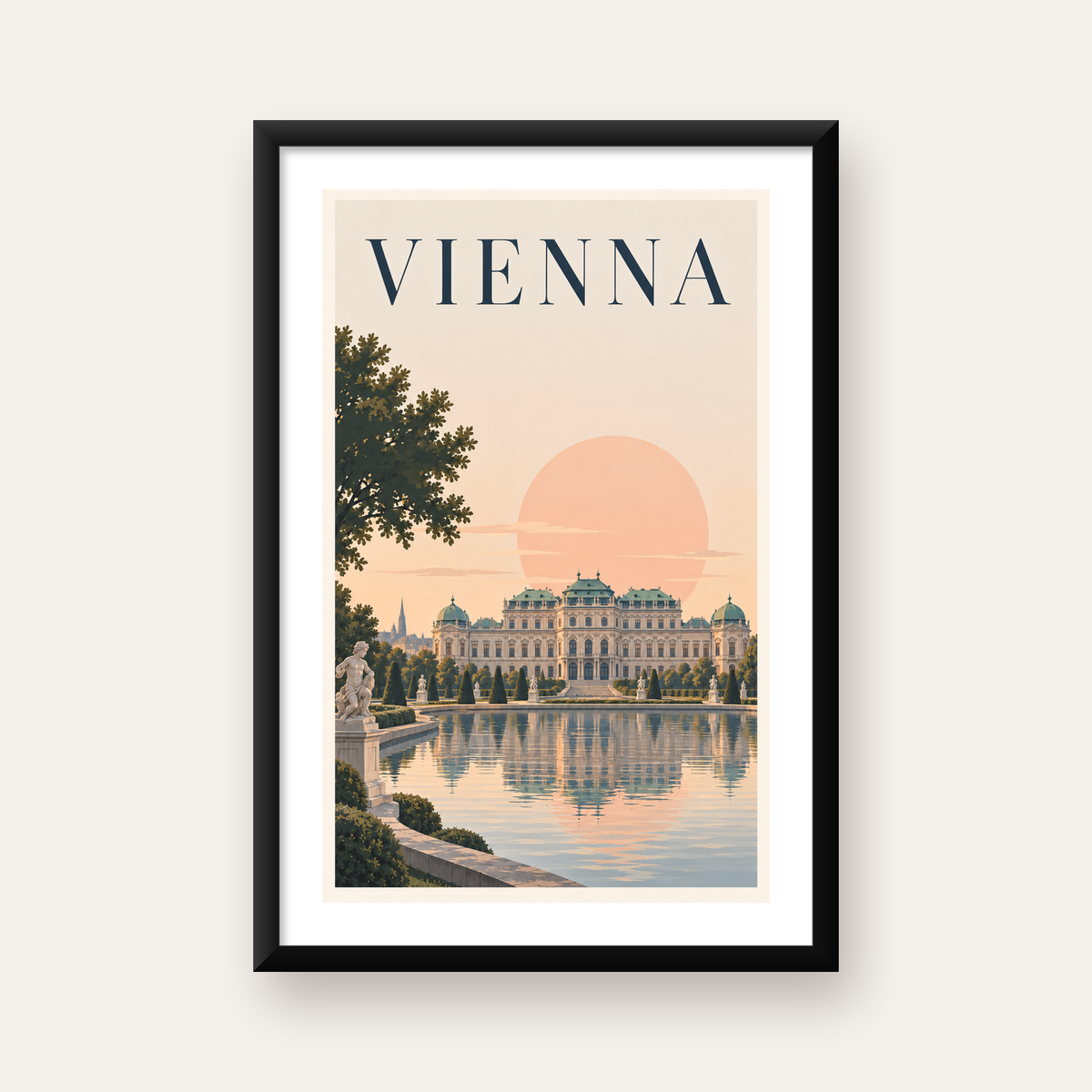 Viyana Saray Manzarası Pastel Poster – Dijital İllüstrasyon — Dikey baskı, beyaz paspartulu