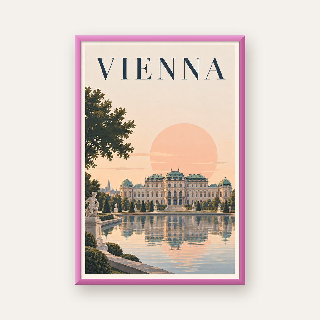 Viyana Saray Manzarası Pastel Poster – Dijital İllüstrasyon — pembe çerçeveli
