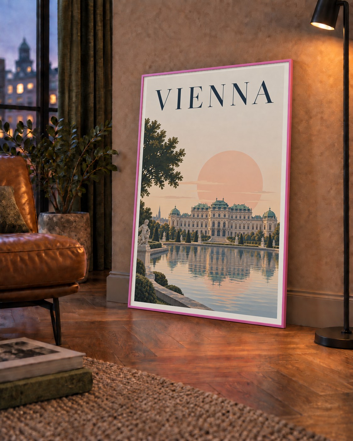 Viyana Saray Manzarası Pastel Poster – Dijital İllüstrasyon — çerçeveli hâliyle bir ev duvarında