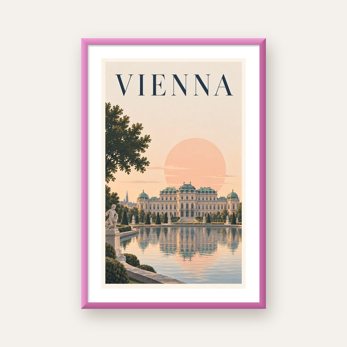 Viyana Saray Manzarası Pastel Poster – Dijital İllüstrasyon — pembe çerçeveli paspartulu
