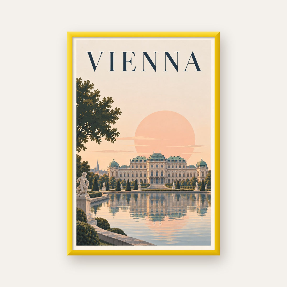 Viyana Saray Manzarası Pastel Poster – Dijital İllüstrasyon — sarı çerçeveli