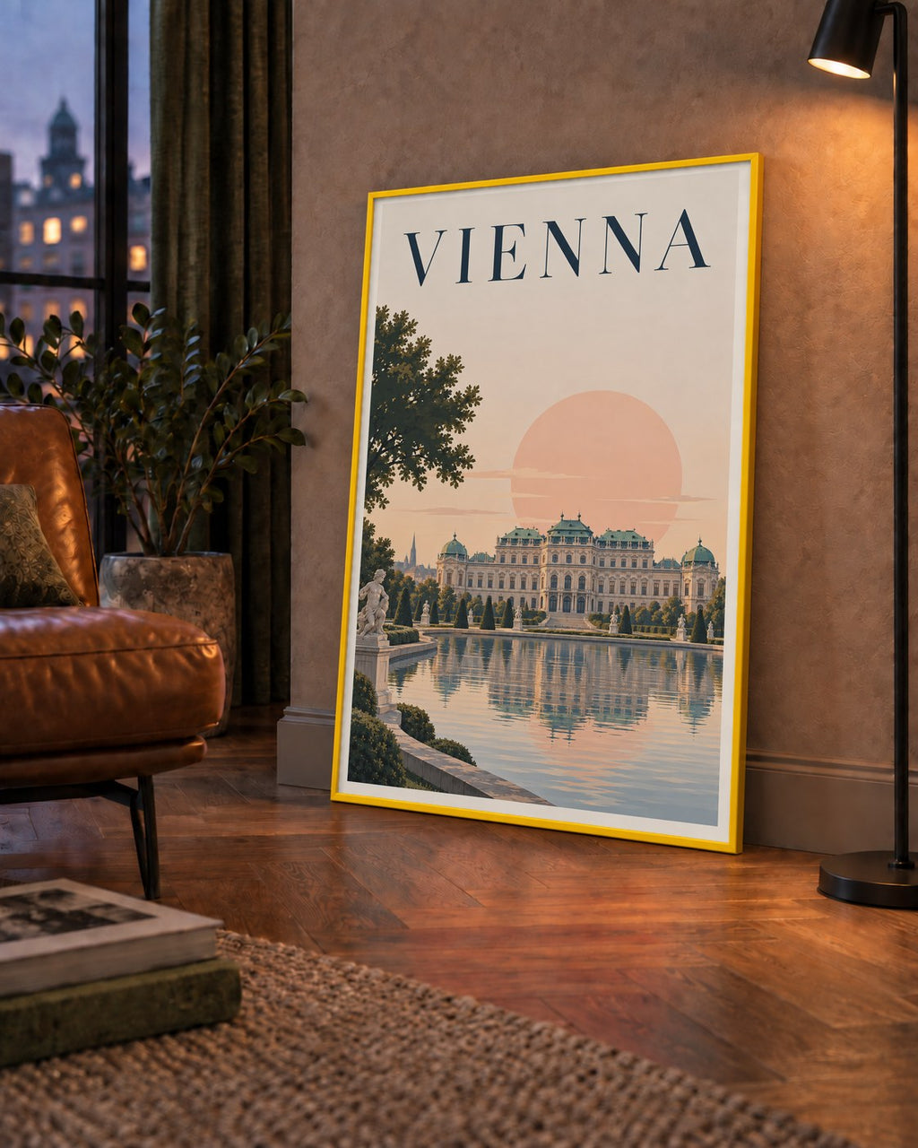 Viyana Saray Manzarası Pastel Poster – Dijital İllüstrasyon — çerçeveli hâliyle bir ev duvarında