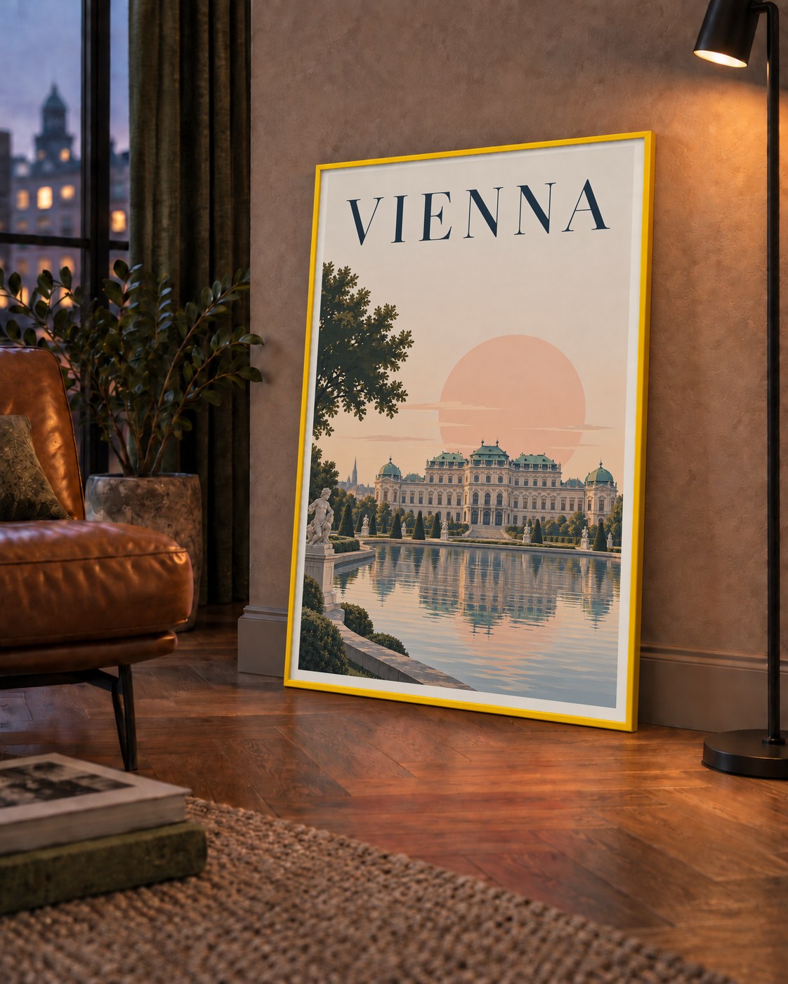 Viyana Saray Manzarası Pastel Poster – Dijital İllüstrasyon — çerçeveli hâliyle bir ev duvarında