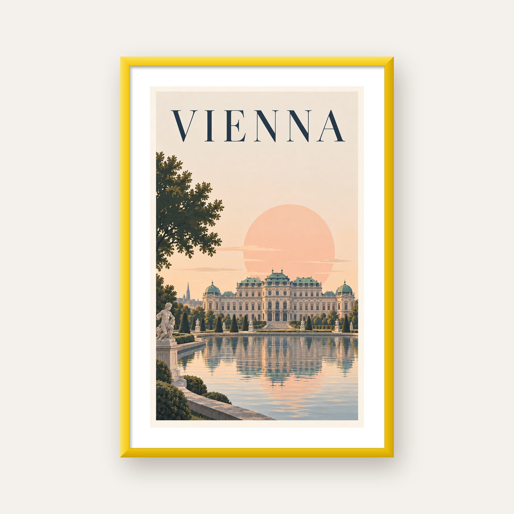 Viyana Saray Manzarası Pastel Poster – Dijital İllüstrasyon — sarı çerçeveli paspartulu