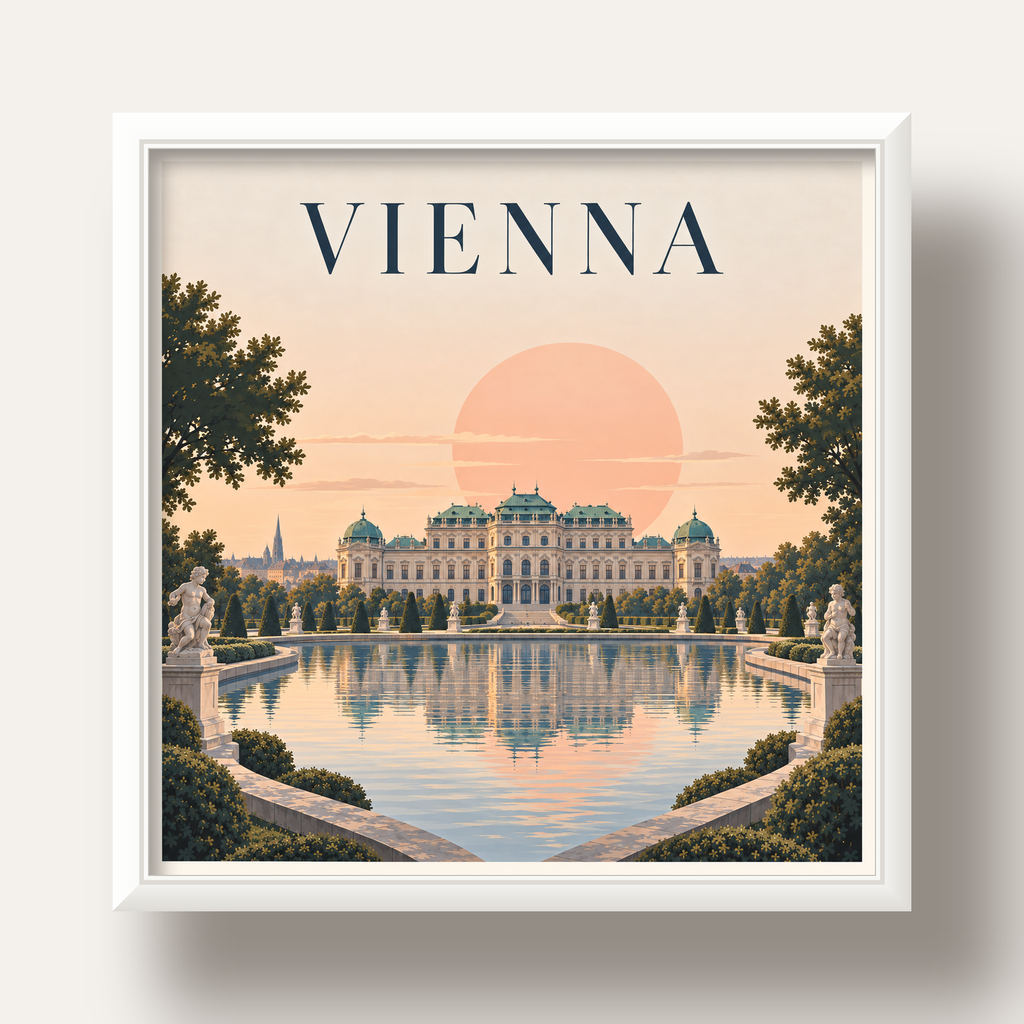 Viyana Saray Manzarası Pastel Poster – Dijital İllüstrasyon — beyaz derin çerçeveli