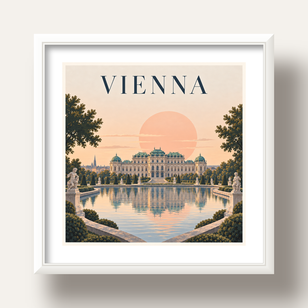 Viyana Saray Manzarası Pastel Poster – Dijital İllüstrasyon — beyaz derin çerçeveli paspartulu
