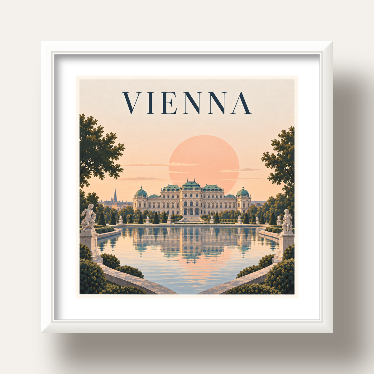 Viyana Saray Manzarası Pastel Poster – Dijital İllüstrasyon — beyaz derin çerçeveli paspartulu