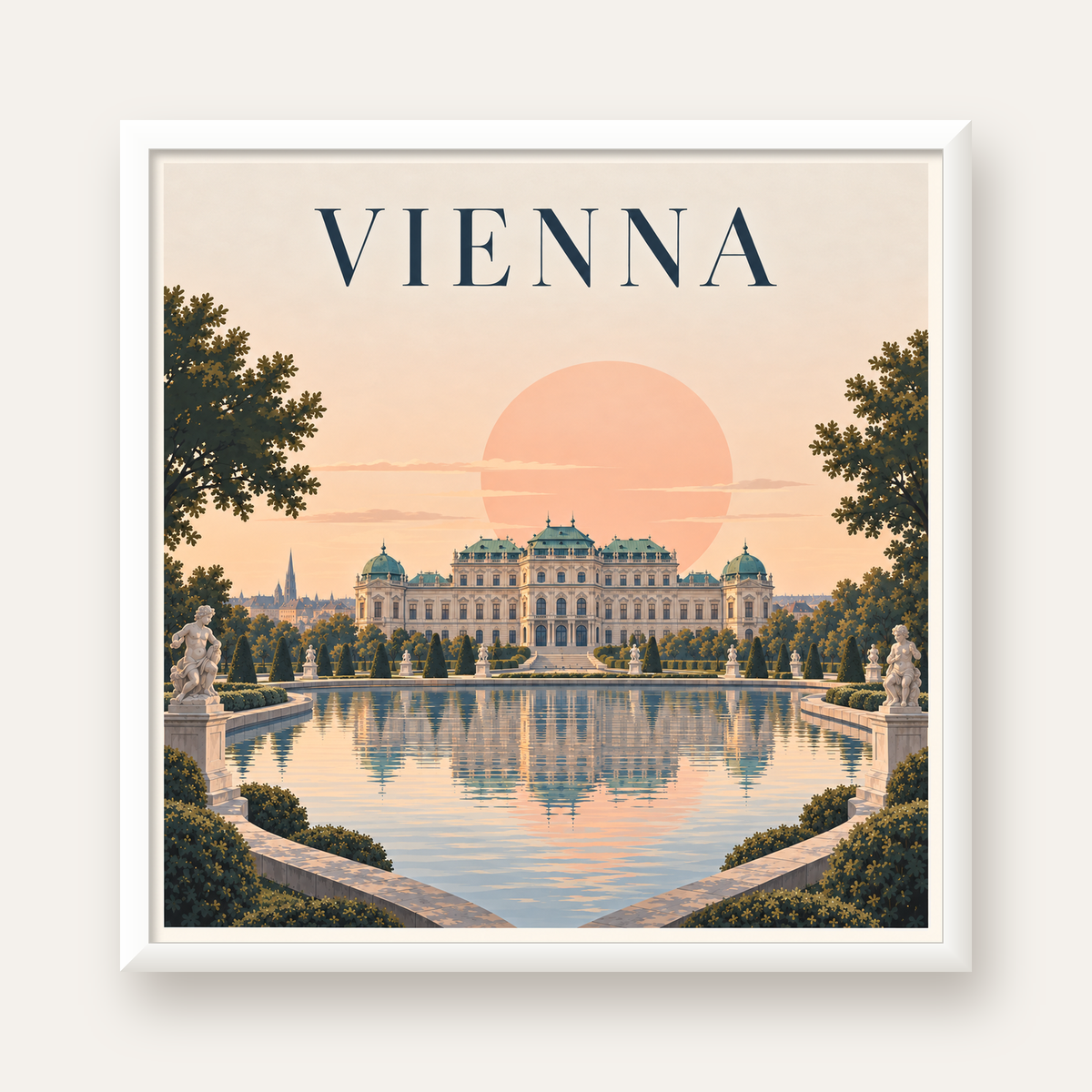 Viyana Saray Manzarası Pastel Poster – Dijital İllüstrasyon — beyaz çerçeveli kare poster