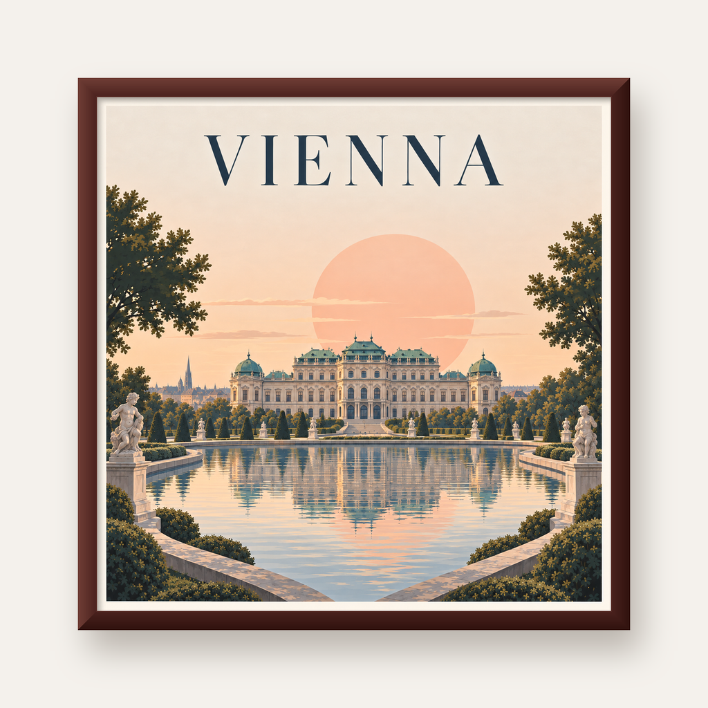 Viyana Saray Manzarası Pastel Poster – Dijital İllüstrasyon — ceviz çerçeveli