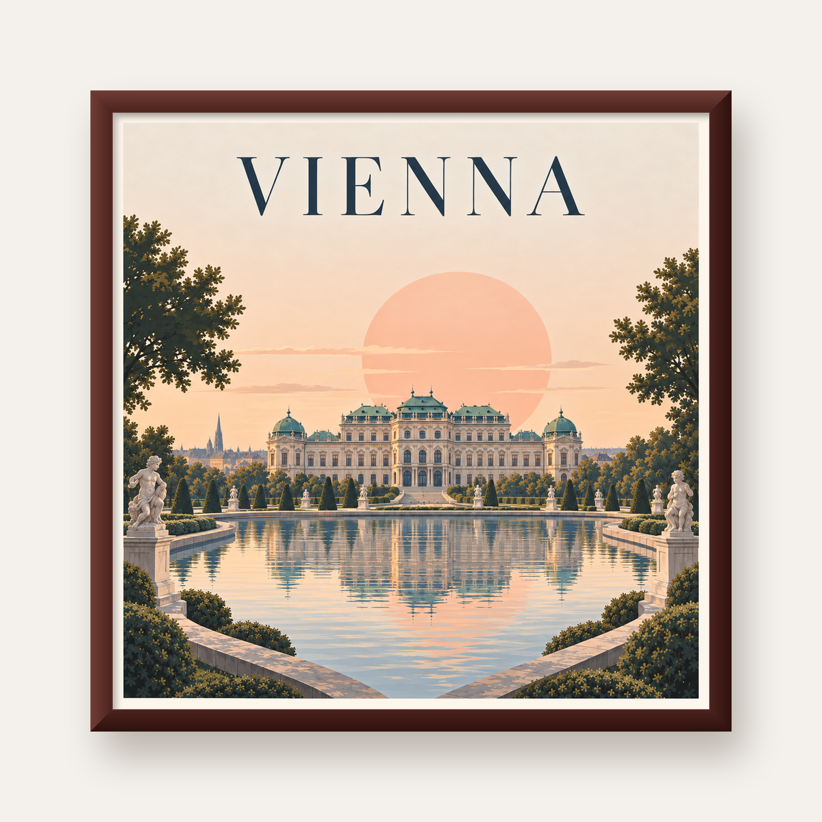 Viyana Saray Manzarası Pastel Poster – Dijital İllüstrasyon — ceviz çerçeveli