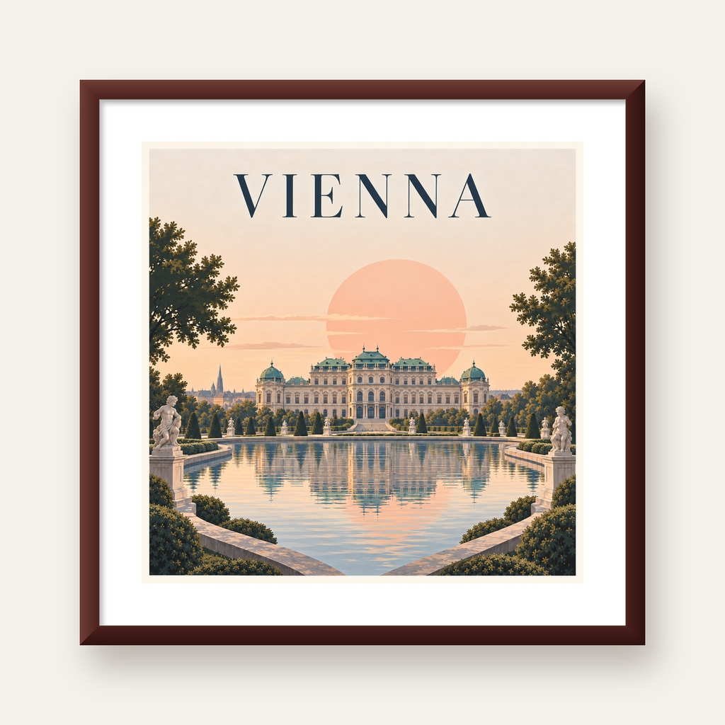 Viyana Saray Manzarası Pastel Poster – Dijital İllüstrasyon — ceviz çerçeveli paspartulu