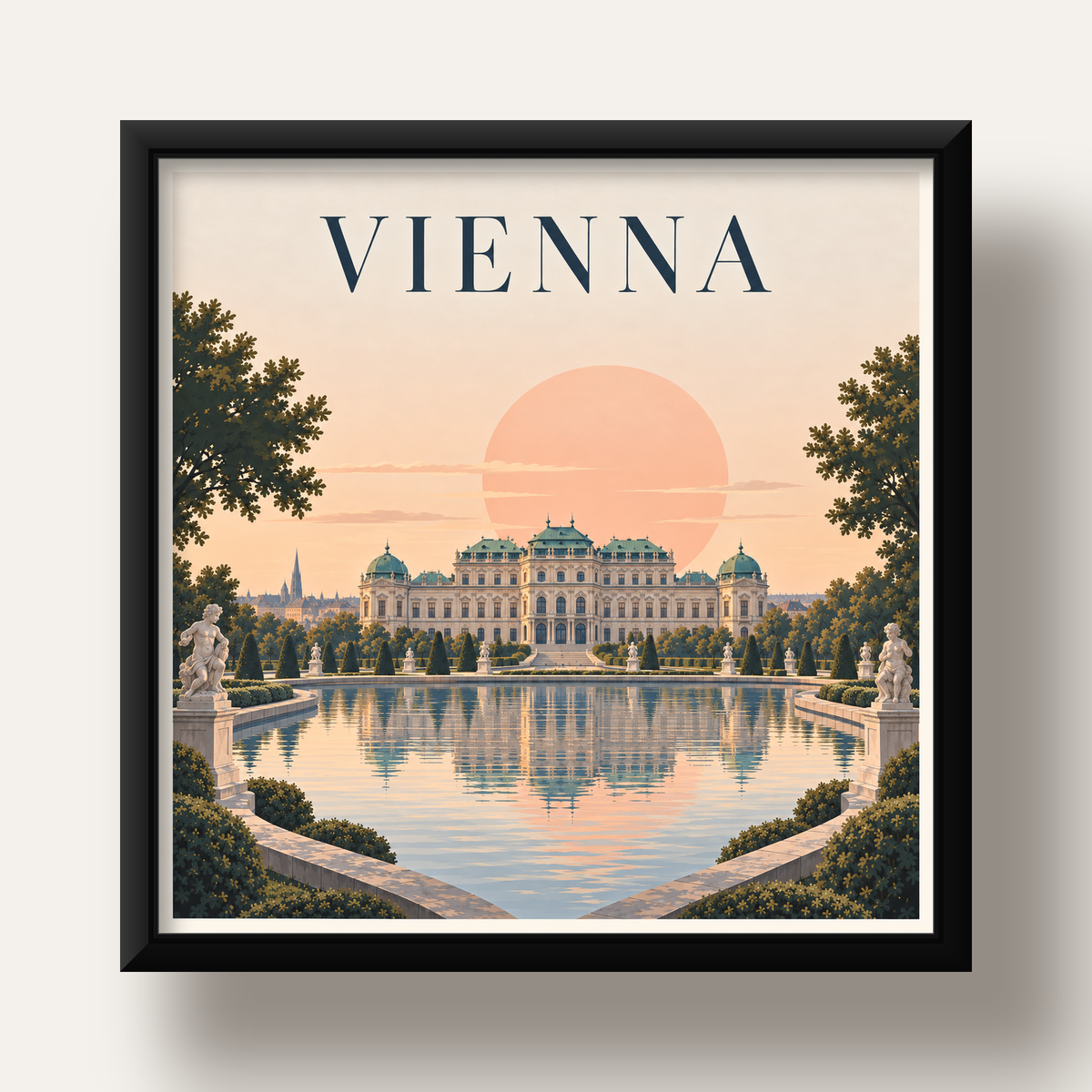 Viyana Saray Manzarası Pastel Poster – Dijital İllüstrasyon — siyah derin çerçeveli