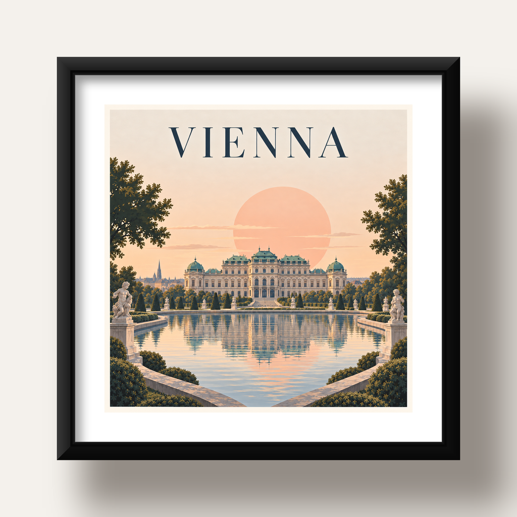 Viyana Saray Manzarası Pastel Poster – Dijital İllüstrasyon — siyah derin çerçeveli paspartulu