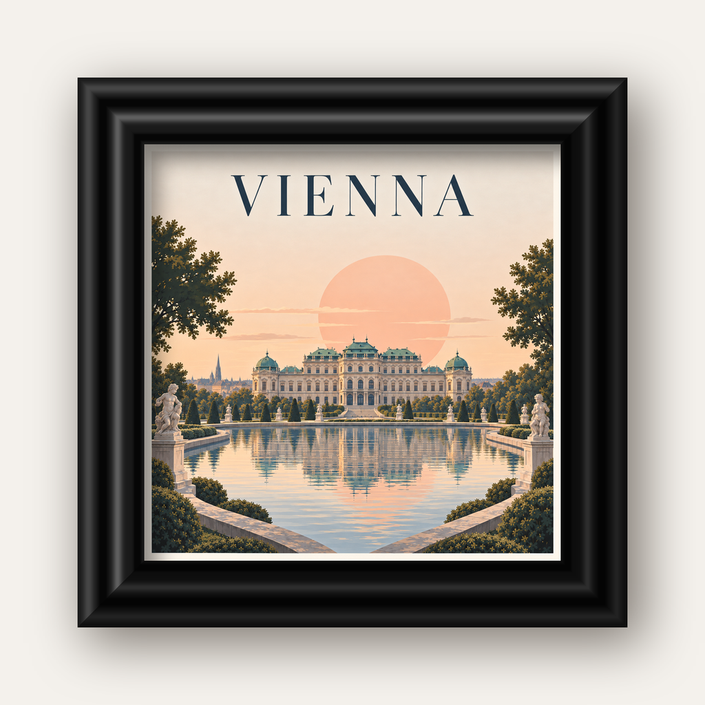 Viyana Saray Manzarası Pastel Poster – Dijital İllüstrasyon — siyah galeri çerçeveli