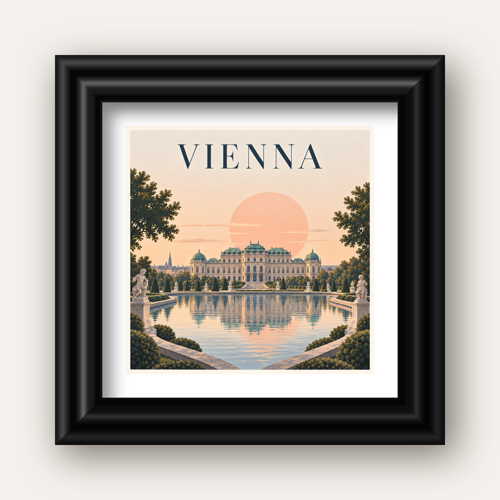 Viyana Saray Manzarası Pastel Poster – Dijital İllüstrasyon — siyah galeri çerçeveli paspartulu