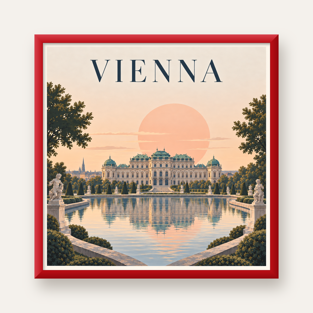 Viyana Saray Manzarası Pastel Poster – Dijital İllüstrasyon — kırmızı çerçeveli