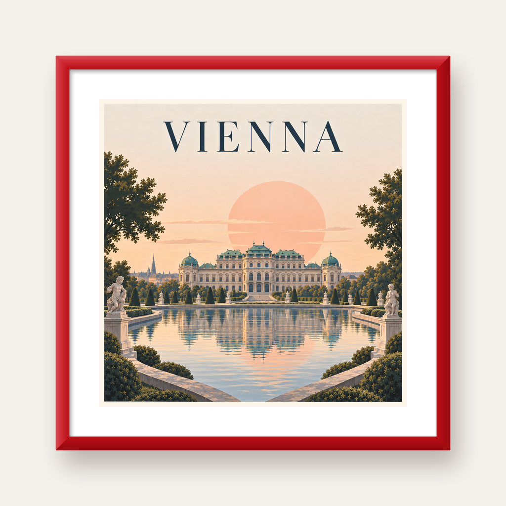 Viyana Saray Manzarası Pastel Poster – Dijital İllüstrasyon — kırmızı çerçeveli paspartulu