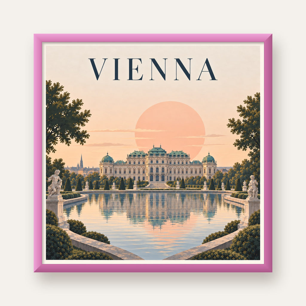Viyana Saray Manzarası Pastel Poster – Dijital İllüstrasyon — pembe çerçeveli