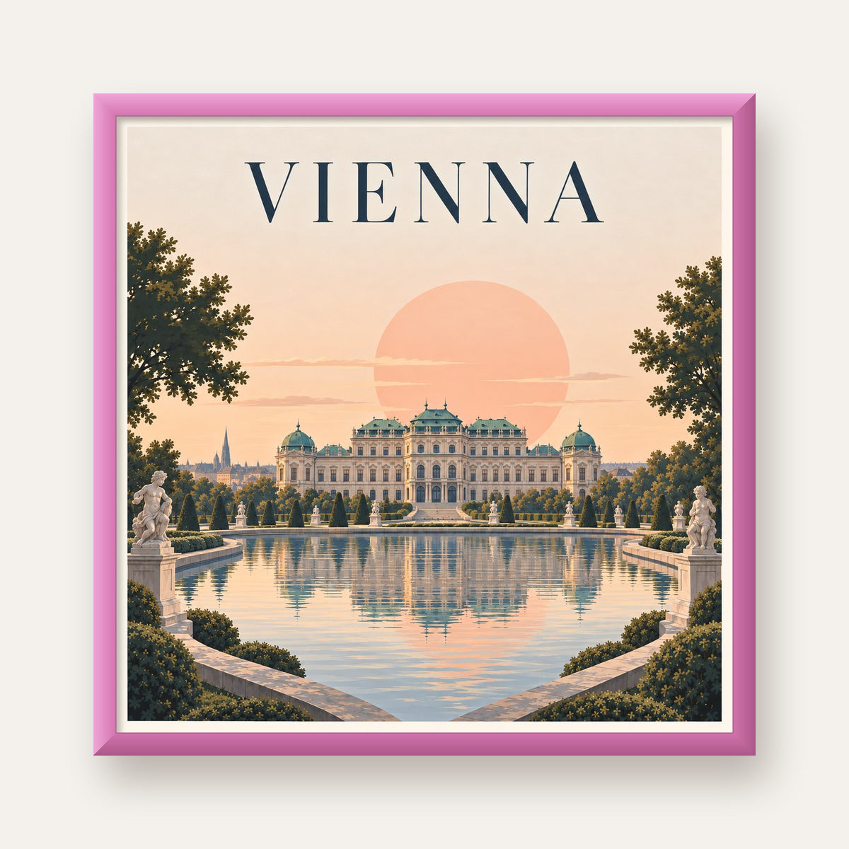 Viyana Saray Manzarası Pastel Poster – Dijital İllüstrasyon — pembe çerçeveli