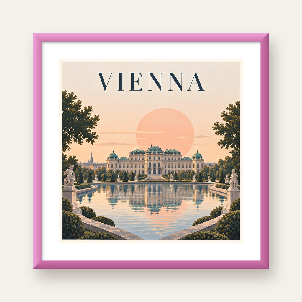 Viyana Saray Manzarası Pastel Poster – Dijital İllüstrasyon — pembe çerçeveli paspartulu