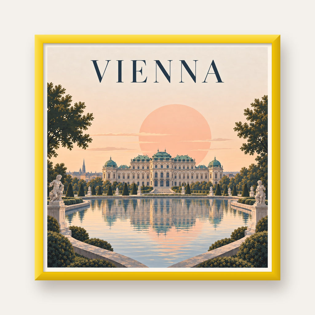 Viyana Saray Manzarası Pastel Poster – Dijital İllüstrasyon — sarı çerçeveli