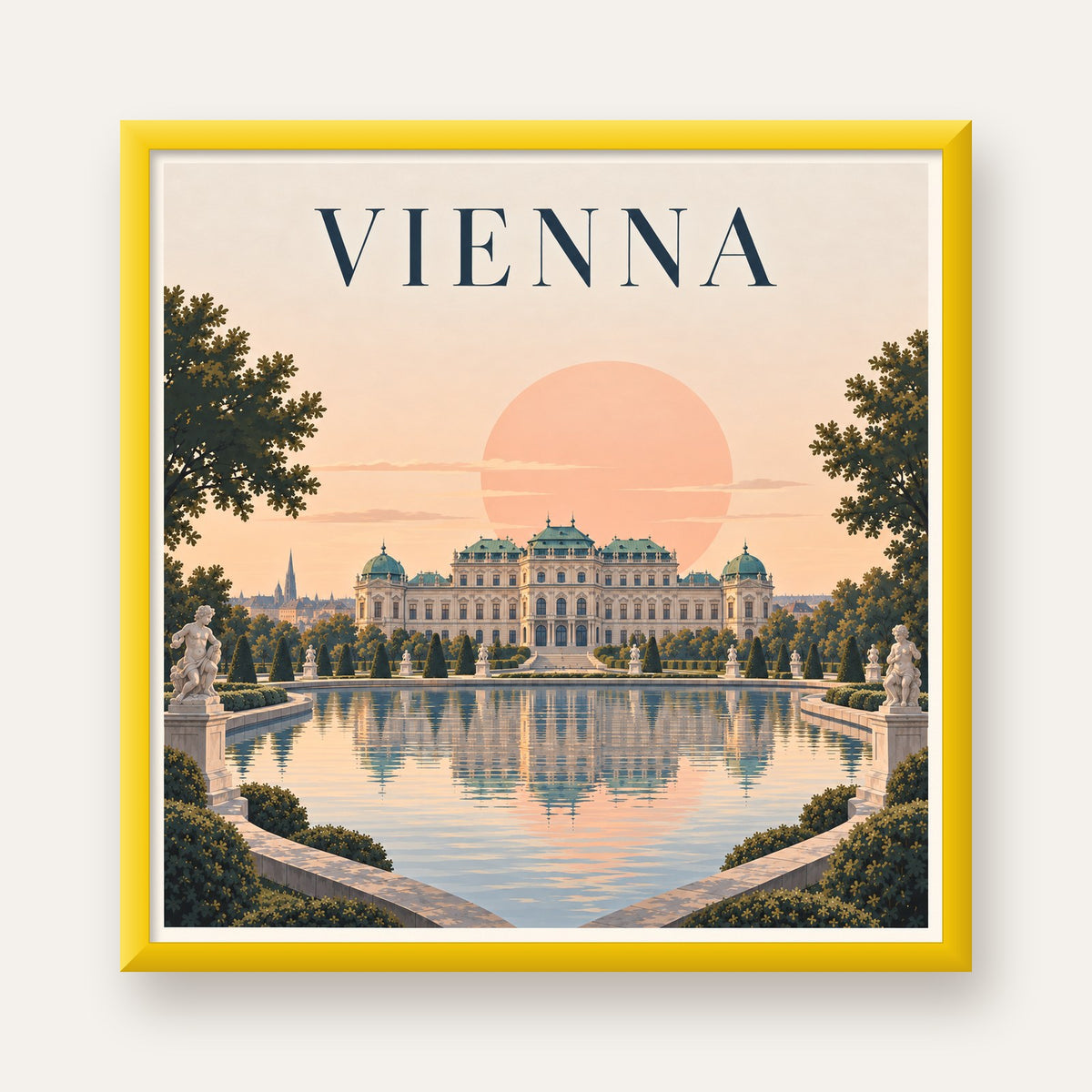Viyana Saray Manzarası Pastel Poster – Dijital İllüstrasyon — sarı çerçeveli