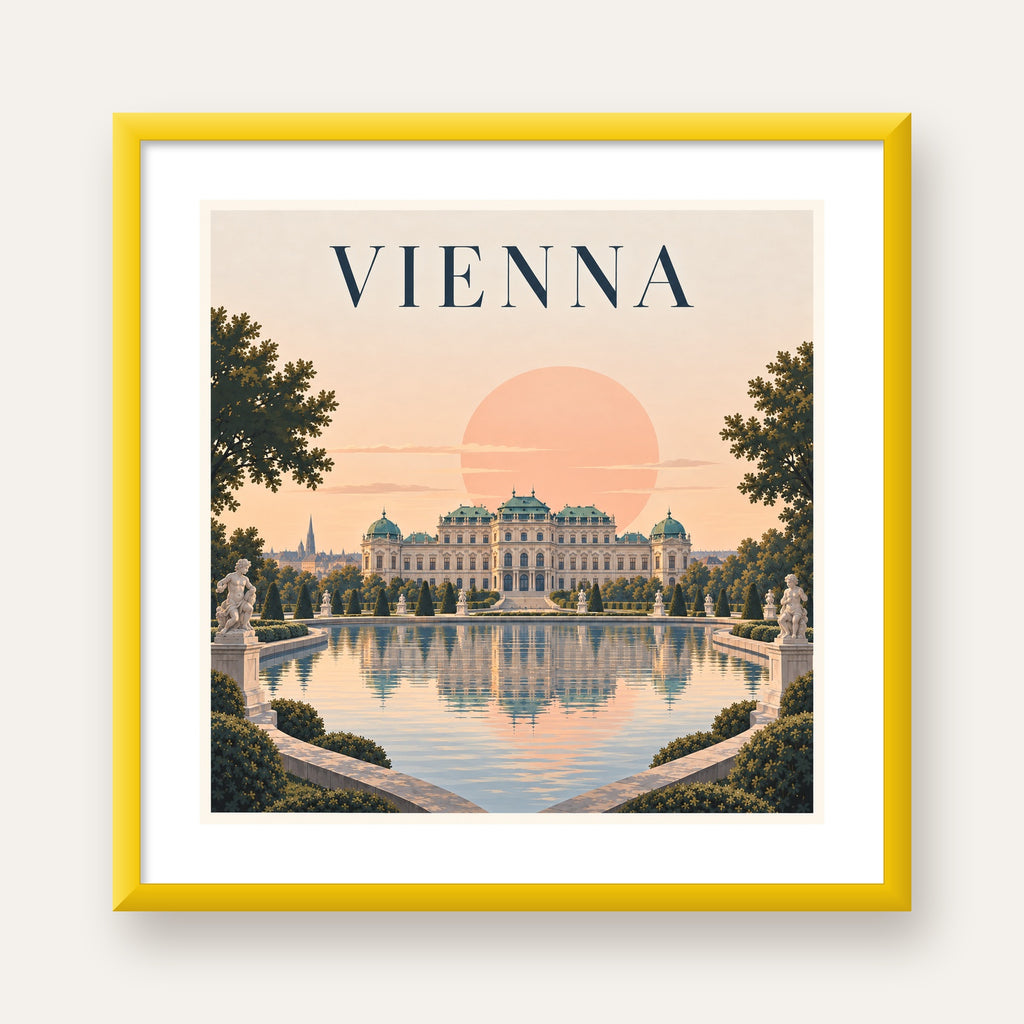 Viyana Saray Manzarası Pastel Poster – Dijital İllüstrasyon — sarı çerçeveli paspartulu