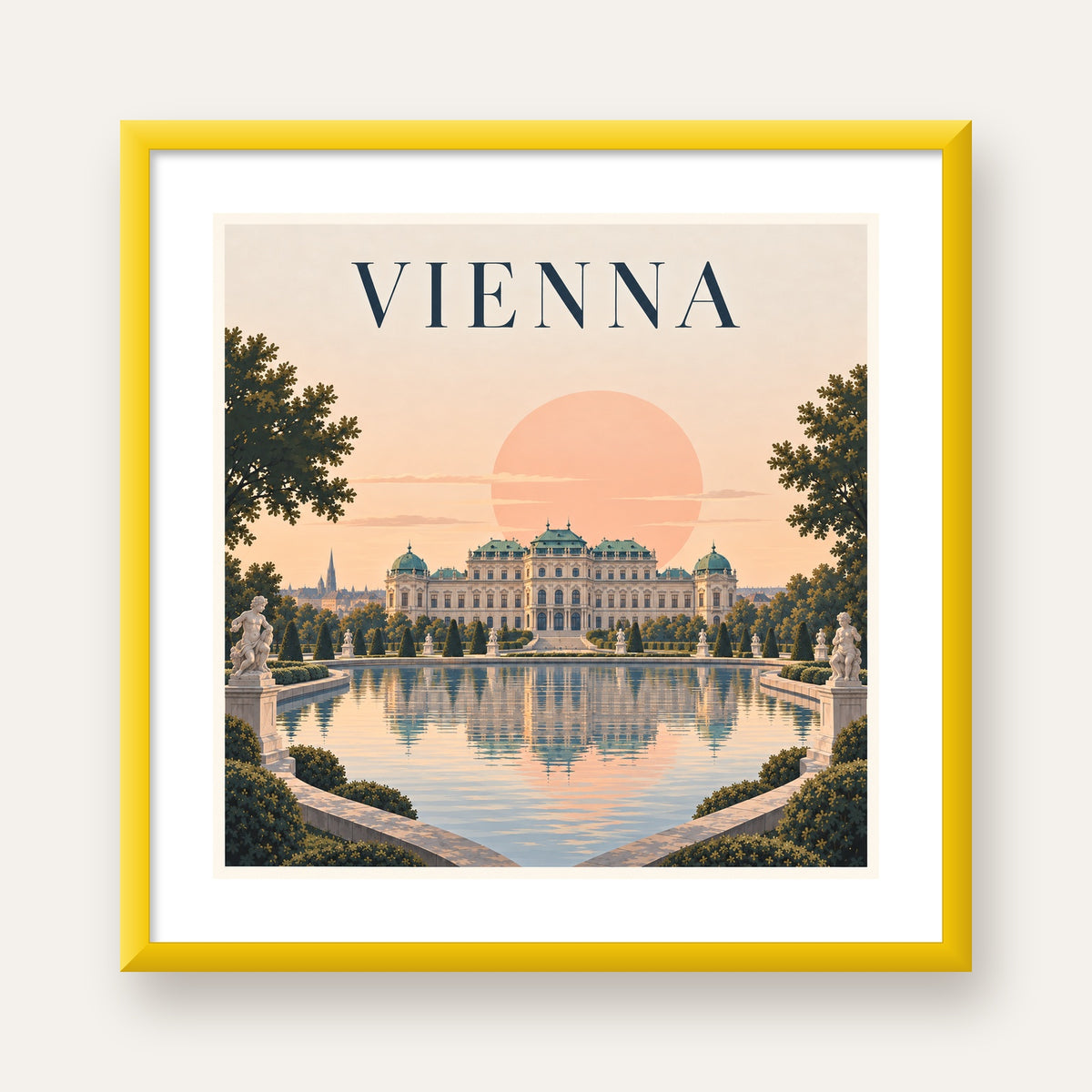 Viyana Saray Manzarası Pastel Poster – Dijital İllüstrasyon — sarı çerçeveli paspartulu