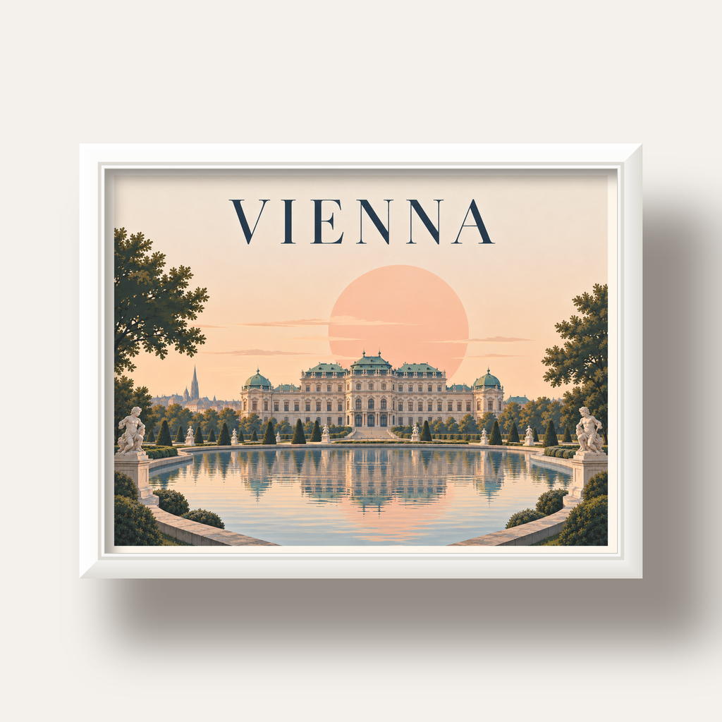 Viyana Saray Manzarası Pastel Poster – Dijital İllüstrasyon — beyaz derin çerçeveli
