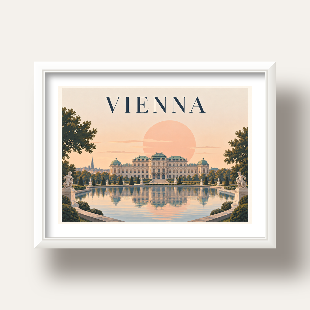 Viyana Saray Manzarası Pastel Poster – Dijital İllüstrasyon — beyaz derin çerçeveli paspartulu